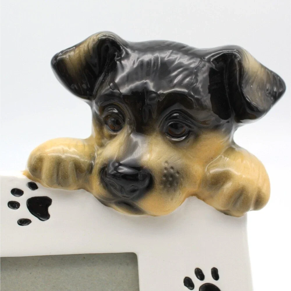 Dog Frame Ceramic Paw Prints Black Tan Puppy Head photo size 4.75 x 3.25 inch